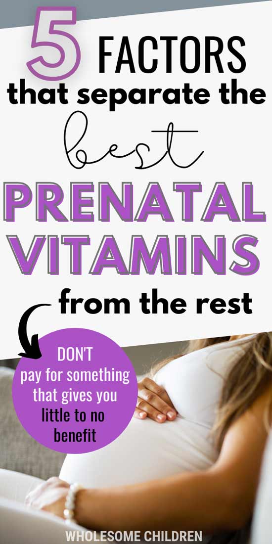 A pregnant woman sitting down, holding her belly. Text overlay - 5 factors that separate the best prenatal vitamins from the rest (don't pay for something that gives you little to no benefit).
