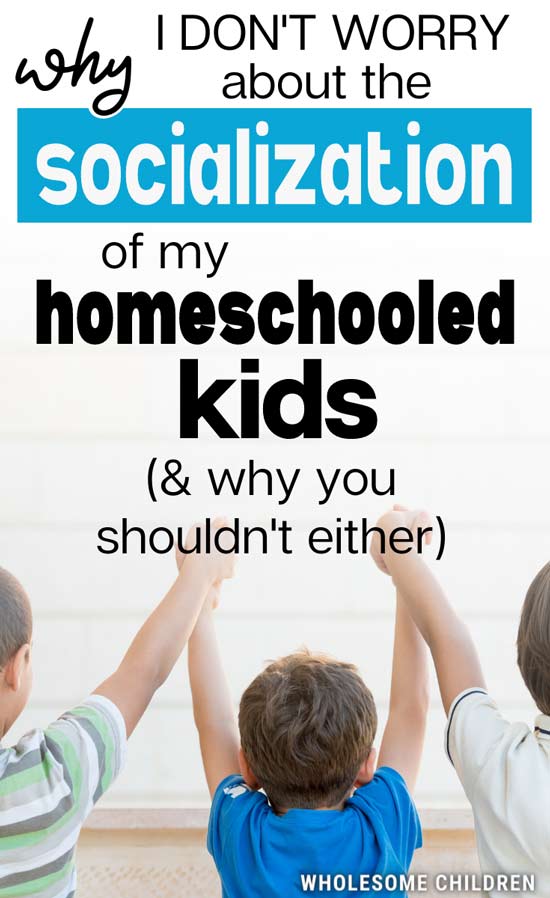 Kids holding hands. Text overlay - Why I don't worry about the socialization of my homeschooled kids (& why you shouldn't either).