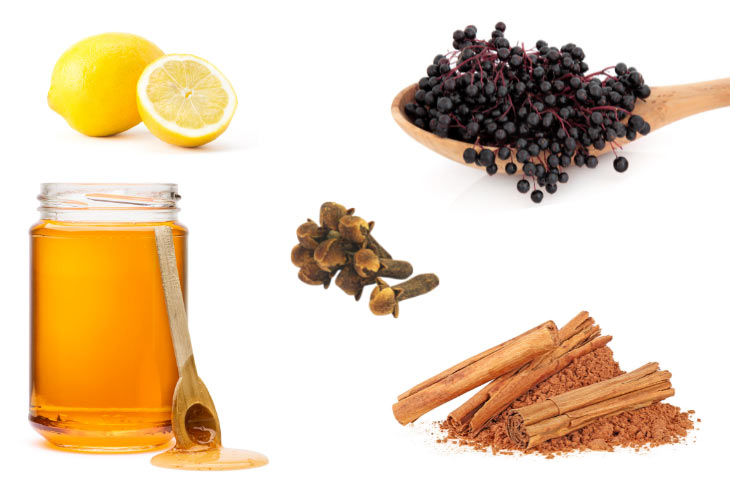 Ingredients for homemade elderberry syrup - lemon, honey, elderberries, cloves, cinnamon.