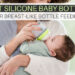 A mom feeding her baby from a silicone bottle. Text overlay - Best silicone baby bottles for breast-like bottle feeding.